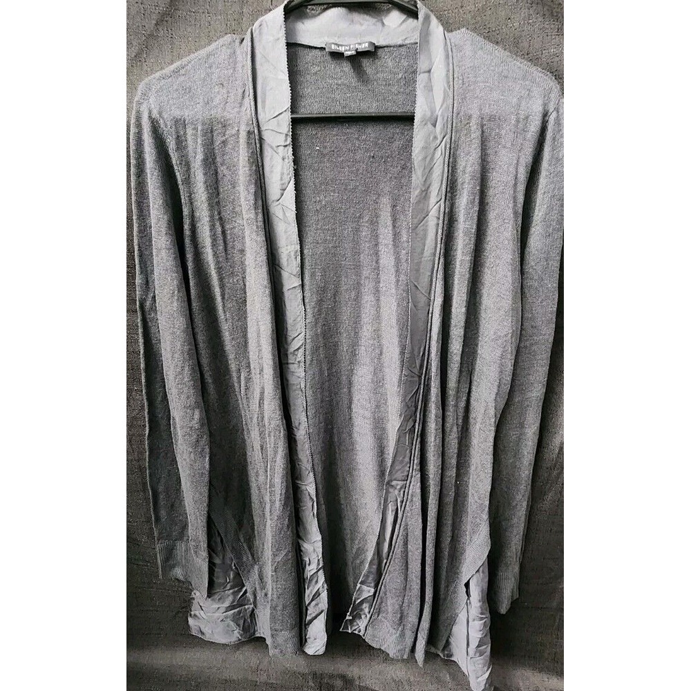 Eileen Fisher Women's Gray Black Silk Linen Blend Drape Open Front Cardigan sz M